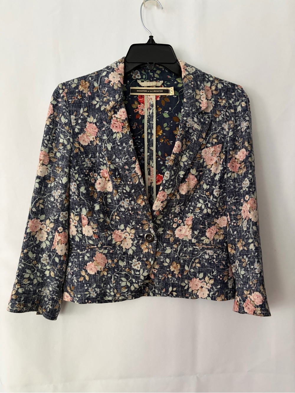 Anthropologie Floral Navy Cropped Blazer Linen Blend